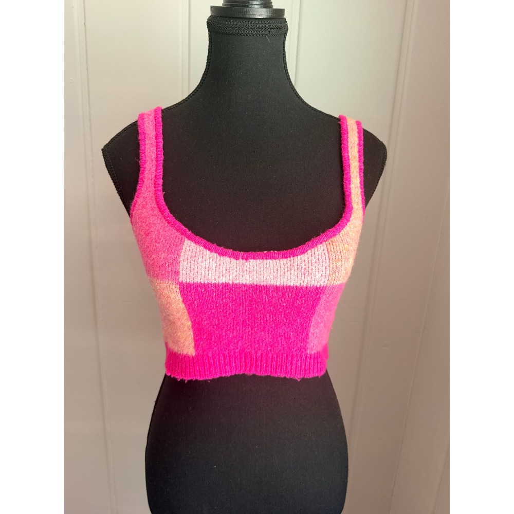 ACOA Pink Colorblock Knit Crop Tank Top Small Sleeveless Sweater Vest Y2K Orange